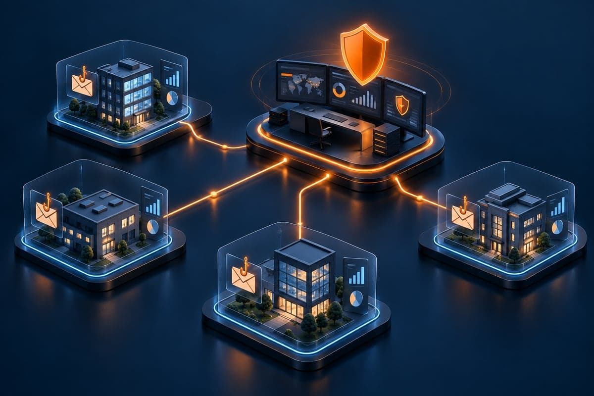 Isometrische MSP-Plattform, die ein zentrales Sicherheits-Dashboard mit vier getrennten Kundenunternehmen verbindet